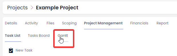 A screenshot showing the location of the Gantt tab for the user to click on to display the Gantt Chart